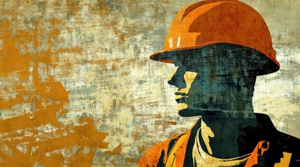 Portrait of a construction worker in an orange helmet with a textured backdrop, showcasing skill and determination, ideal for advertising and promotion.