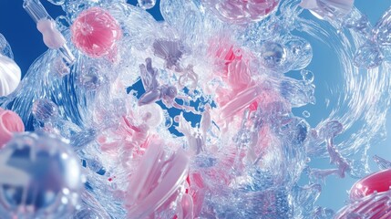 Interlocking archetypal symbols and mass-produced objects in swirling transparent water, featuring vibrant dark azure and pink reflections and sparkles.