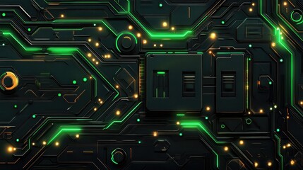 Fototapeta premium Futuristic circuit board featuring a vibrant glowing microchip design with green and yellow accents, creating a high-tech science fiction backdrop.