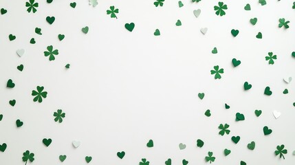 Fototapeta premium St Patrick's Day themed flat lay with green shamrock symbols, heart, and star confetti scattered on a white background for festive celebrations.
