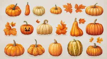 Vibrant assortment of fresh pumpkins in various shapes and sizes, accented by autumn leaves, creating a festive and decorative fall scene.