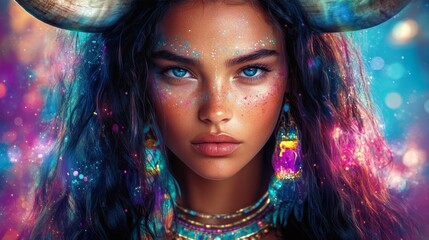 Woman with bull horns and glitter makeup embodies the taurus zodiac sign, representing astrology and ethereal beauty