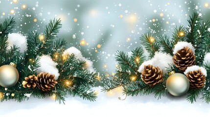 Festive holiday card design showcasing snowy fir branches adorned with pine cones and seasonal ornaments, illuminated by sparkling bokeh lights.