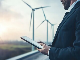 A businessman analyzes data on a tablet near wind turbines, showcasing the merging of technology and renewable energy in the environment. Energy stock investment concept.
