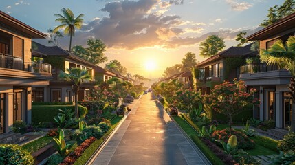 Obraz premium Scenic sunset over serene residential street tropical community photograph vibrant nature eye-level view tranquil living environment