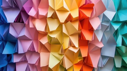 Obraz premium Vibrant display of neatly folded colored papers arranged in a stunning gradient, ideal for artistic backdrops and creative crafting projects.