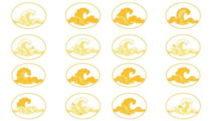 circular frames, each containing a stylized depiction of clouds or waves in a traditional Chinese or East Asian aesthetic. could be used for various decorative purposes, such as graphic design element