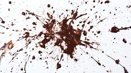 Chocolate splash creating dynamic patterns on a white background, showcasing rich browns and varying drip sizes for a striking visual effect.