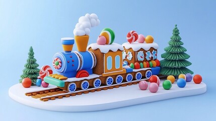 Festive Gingerbread Train 3D Rendered with Icing and Candy Details
