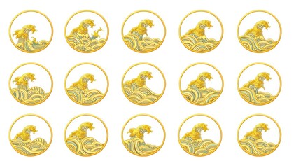 circular frames, each containing a stylized depiction of clouds or waves in a traditional Chinese or East Asian aesthetic. could be used for various decorative purposes, such as graphic design element