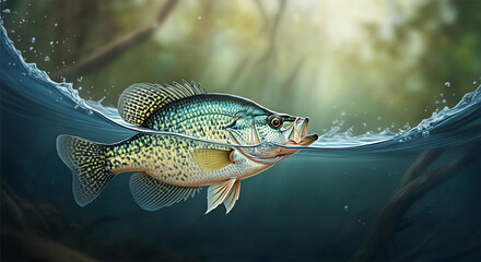 Obraz premium Crappie Fish in the Water, Stream or River, Isolated Nature Wildlife Fishing Angler Illustration