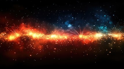 Fototapeta premium Festive Happy New Year greeting card showcasing vibrant fireworks illuminating a dark night sky with a joyful holiday banner for celebration