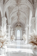 Fototapeta premium Exquisite white palace interior with intricate carved arches, marble floors, and decorative pampas grass in elegant vases.
