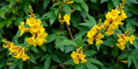 Obraz premium Vibrant yellow trumpetbush flowers against a lush green background with yellow bells Tecoma stans, yellow bells, sunny garden
