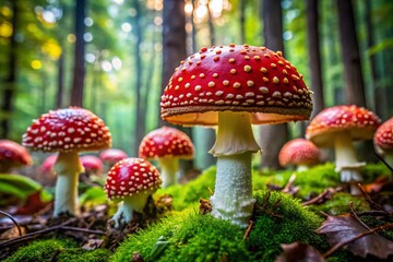 Captivating Close-Up of Amanita Muscaria Mushrooms in a Lush Forest Setting with Vibrant Red Caps and White Spots, Showcasing Nature’s Fungi in High Depth of Field Photography