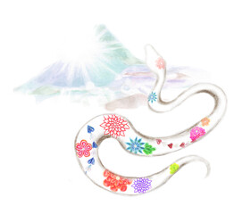 花柄の蛇と富士山　手描き