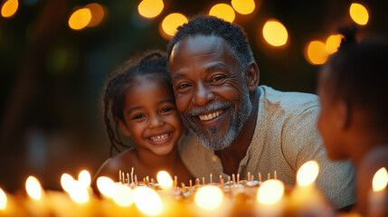 Grandfather and granddaughter celebrate a joyful birthday with candles glowing and laughter shared in an outdoor gathering. Generative AI