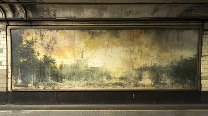 Blank underground advertising space featuring a weathered billboard with a faded painted background and rustic edges, ideal for promotional displays.