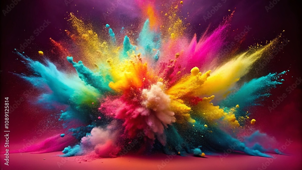 Poster captivating colorful powder explosion on dark pink background - vibrant digital art creating a stunn