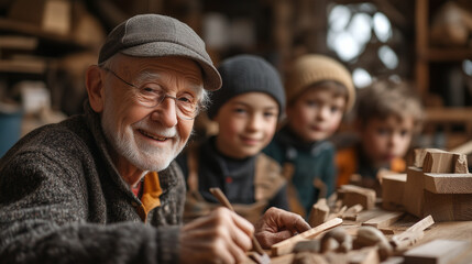 Obraz premium Elderly artisan teaches woodworking skills to young children in a cozy workshop filled with crafted wood pieces. Generative AI