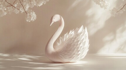 Intricately folded origami swan showcasing elegant design and delicate features, softly illuminated against a serene, light-colored background.