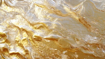 Obraz premium Abstract gold holographic foil texture with iridescent wavy patterns and metallic reflections, resembling cosmic liquid ripples for creative design projects.
