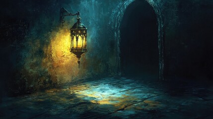 A vintage lantern casts an enchanting glow in a shadowy chamber, creating a haunting contrast of light and darkness on the stone floor.