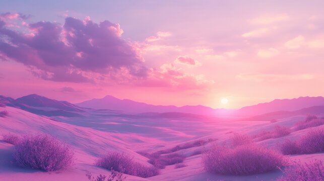 Surreal desert landscape bathed in pastel hues during a dreamy sunset, with soft pink clouds and gentle rolling dunes.