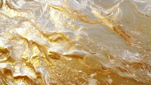 Abstract gold holographic foil texture with iridescent wavy patterns and metallic reflections, resembling cosmic liquid ripples for creative design projects.