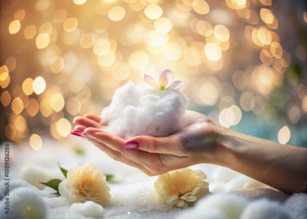 Aufkleber captivating conceptual photography of foam on hand, capturing the essence of cleanliness and serenit