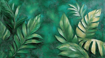 Fototapeta premium Vibrant tropical leaves showcasing a rich green color palette, featuring intricate textures and a glossy surface for an eye-catching natural appeal.
