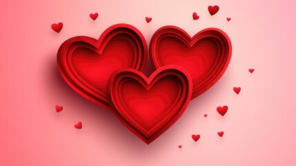 Layered red hearts on a soft pastel pink background featuring a romantic paper cut design, perfect for Valentine's Day greeting cards.