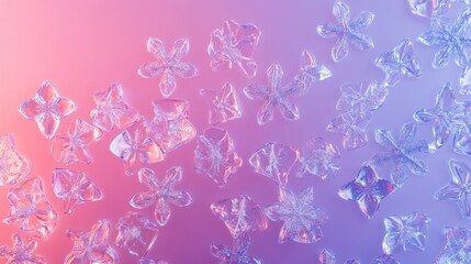 Obraz premium Illuminated clear glass snowflakes placed on a soft gradient purple and pink background, creating a minimalist, festive atmosphere with abundant copy space.