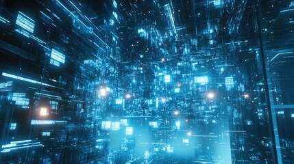 Naklejka premium Abstract digital backdrop featuring floating nodes and intricate cyber connections in varying shades of blue, creating a dynamic and futuristic visual atmosphere.