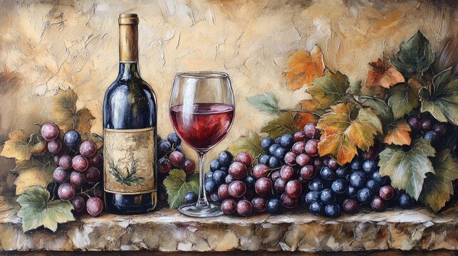 Elegant wine bottle and glass surrounded by an abundant display of fresh grapes and lush leaves, perfect for celebrating National Wine Day.