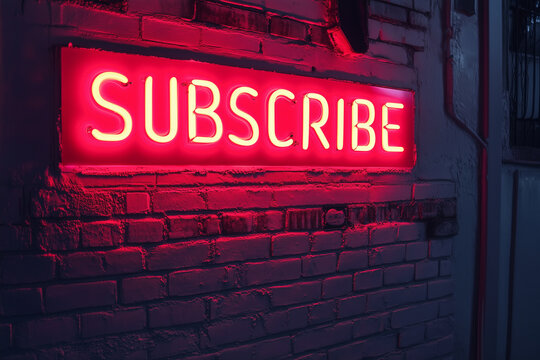 red neon with the word "SUBSCRIBE" glowing against a brick wal