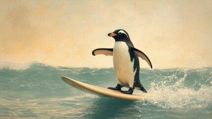 Obraz premium Penguin surfing on a board, skillfully balancing amidst ocean waves under a sunny sky, embodying joy and summer fun.