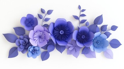 3D render of intricate blue and violet paper flowers arranged in a vibrant bouquet, perfect for botanical decor and stylish design accents.