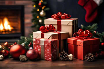Weihnachtsgeschenke vor Kamin Box mit Schleifen und Weihnachtsdekoration