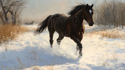 A dark brown horse strides gracefully through a snowy landscape, its head lowered, surrounded by glistening snowflakes and muted winter scenery.