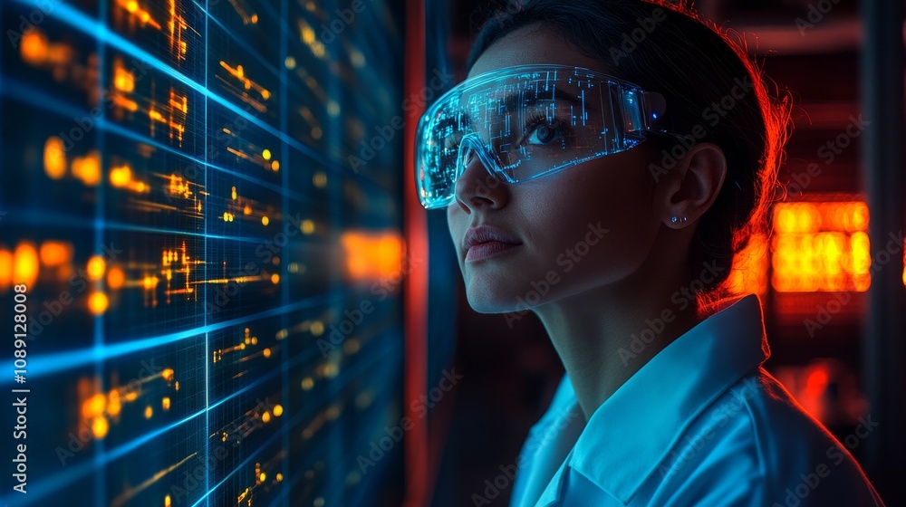 Poster engineer analyzes data in a futuristic lab environment with advanced technology at work