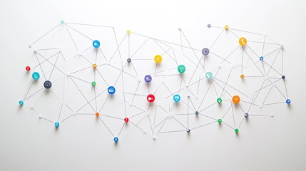 Top view of a social media network diagram in flat design, colorful icons connected with dotted lines on a clean white canvas