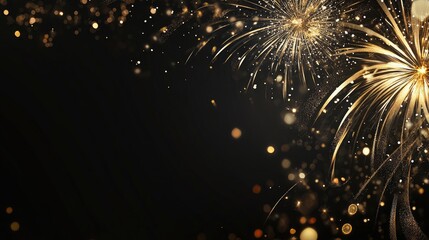 Fototapeta premium Spectacular white and gold fireworks bursting in the night sky with a dark backdrop, offering generous space for customizable text and celebrations.
