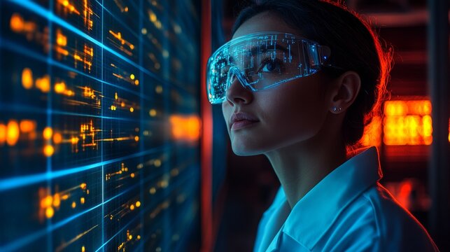 Engineer analyzes data in a futuristic lab environment with advanced technology at work