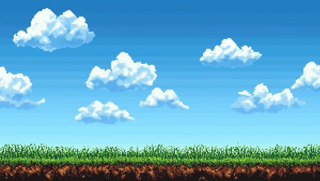 game location with grass and clouds in pixel art style