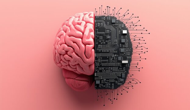 image of a brain divided into human and cybernetic parts
