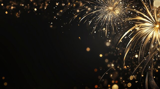 Spectacular white and gold fireworks bursting in the night sky with a dark backdrop, offering generous space for customizable text and celebrations.