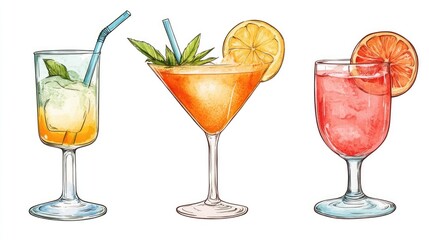 Colorful summer cocktails featuring refreshing ingredients like mint, citrus, and ice, perfect for vacation enjoyment and relaxation.