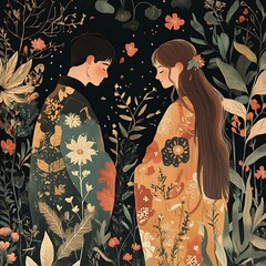 Fototapeta premium A Couple Surrounded by Floral Patterns in a Dark Setting