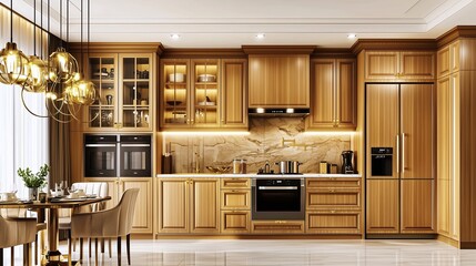 A modern kitchen featuring wooden cabinetry, sleek appliances, and elegant lighting, creating a warm and inviting atmosphere.